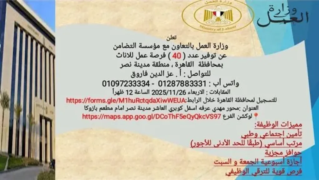 وزارة العمل توفر 40 وظيفة للسيدات بمدينة نصر.. موعد التقديم