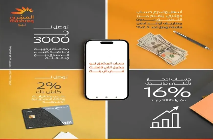 بنك المشرق مصر يقرر تعديل أسعار الفائدة على حساب «المشرق نيو»