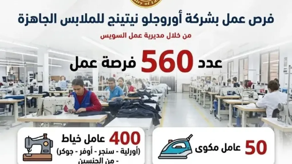 بمرتبات 7 آلاف جنيه.. 560 فرصة عمل بـشركة للملابس الجاهزة بالسويس