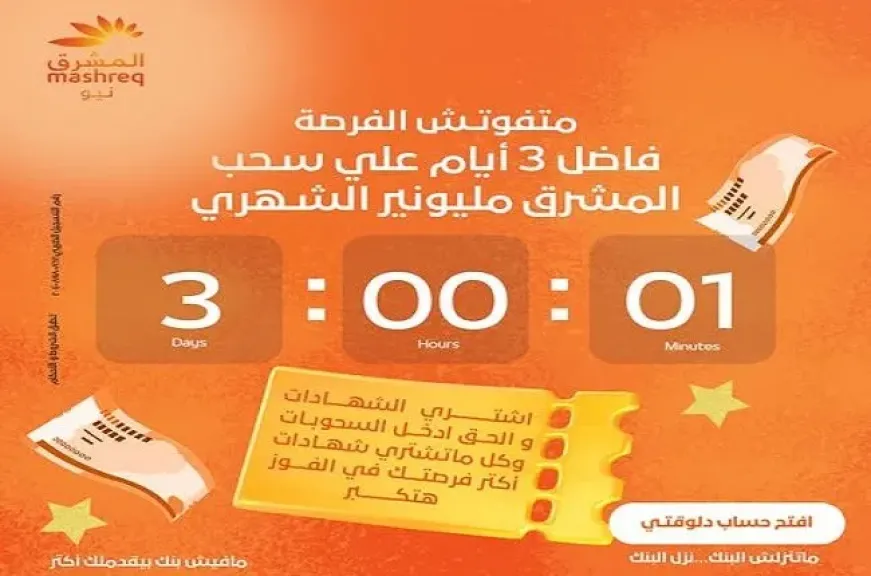 العد التنازلي بدأ.. 3 أيام على السحب على شهادات المشرق مليونير بجوائز تصل إلى 13 مليون جنيه