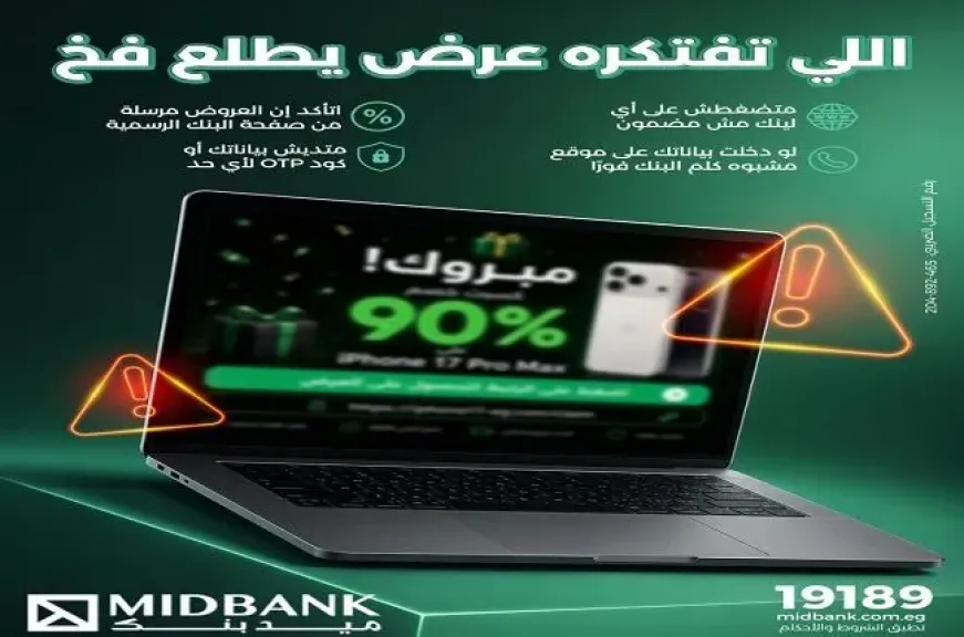 ميدبنك يحذر العملاء من مخاطر الاحتيال الإلكتروني.. «اللي تفتكره عرض يطلع فخ»
